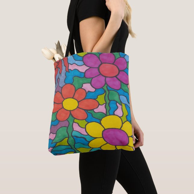Tote Bag Art Fleur Hippie Rétro (De près)