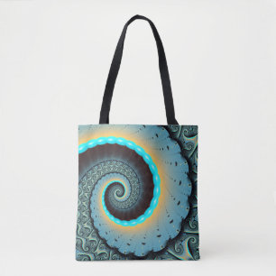 Tote Bag Art fractal spirale abstrait bleu turquoise orange