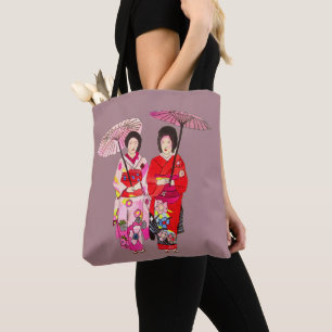Tote Bag Art japonais mignon de geisha avec le kimono rose