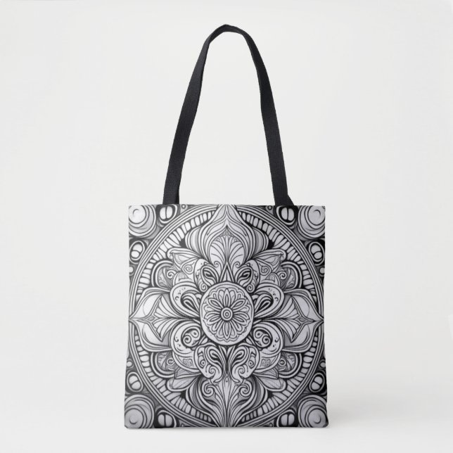 Tote Bag Art mandala noir et blanc complexe (Devant)