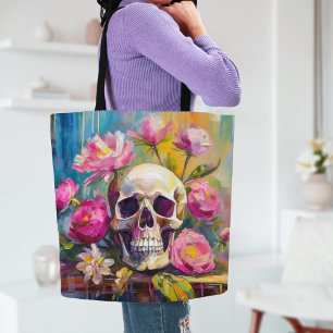 Tote Bag Art moderne Vie morte Crâne et fleurs Abstraits