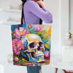 Tote Bag Art moderne Vie morte Crâne et fleurs Abstraits