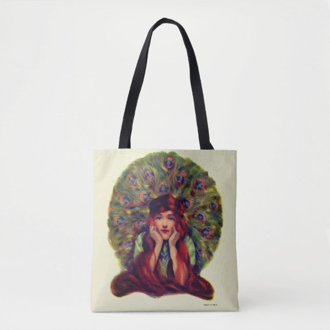Tote Bag Art nouveau déco élégante femme paon plumes (Devant)