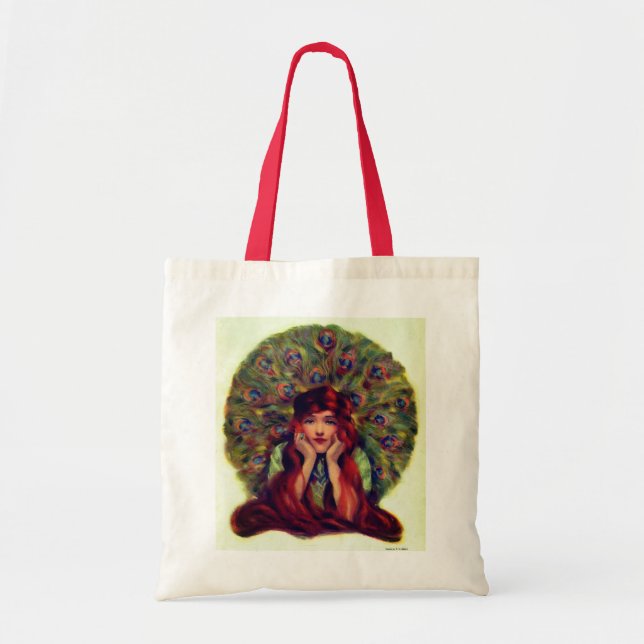 Tote Bag Art nouveau déco élégante femme paon plumes (Devant)