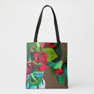 Tote Bag Art original rouge camélia fleurs aquarelle
