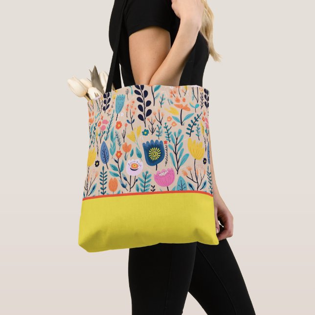 Tote Bag Art populaire moderne floral simple, bloc de coule (De près)