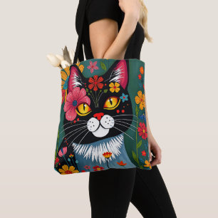 Tote Bag Art populaire noir et blanc Chat et fleurs Whimsic