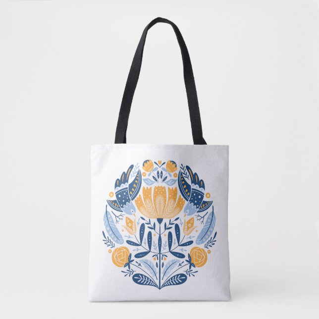 Tote Bag Art populaire ornement rond avec oiseaux, roses et (Devant)