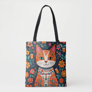 Tote Bag Art populaire Whimsical Chat et Fleurs