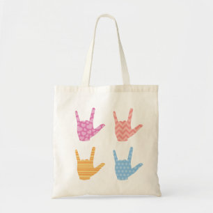Tote Bag ASL Sign Language I Love You in Bright Motifs
