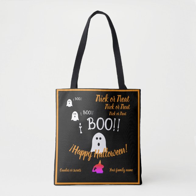 Tote Bag astuce ou régal, nom, halloween personnalisé, boo  (Devant)