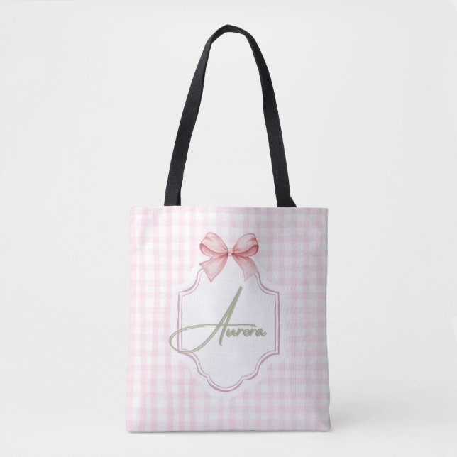 Tote Bag Aurora Personnalisé Bow & En vichy Rose Imprimer (Devant)
