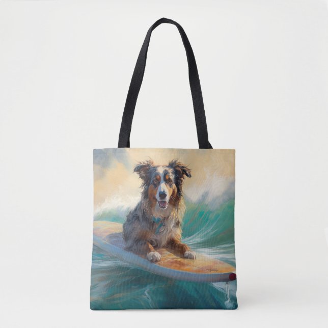 Tote Bag Australian Shepherd Beach Surfing Peinture (Devant)