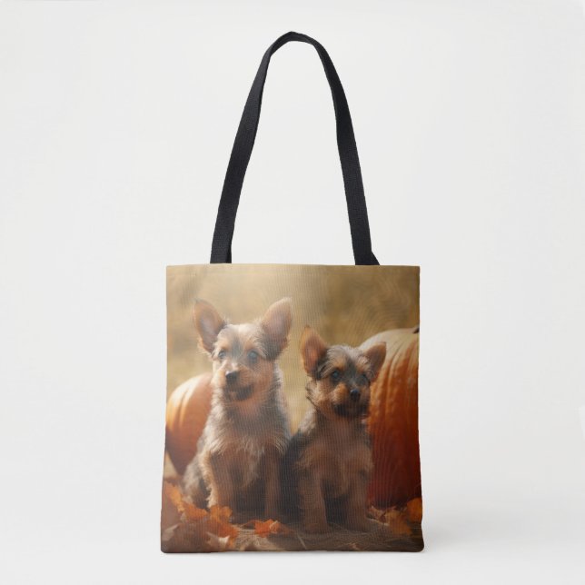 Tote Bag Australien Terrier Chiot Automne Citrouille de pla (Devant)