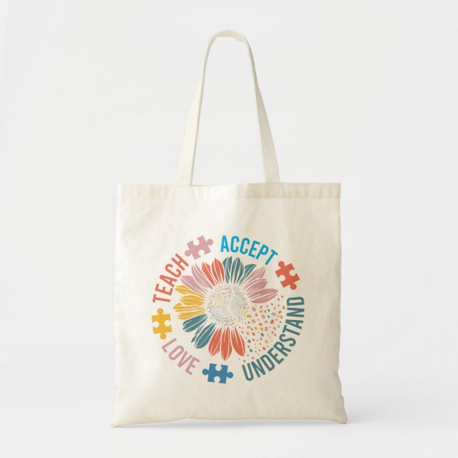 Tote Bag Autism Awareness Sunflower "Teach Love Accept" (Devant)