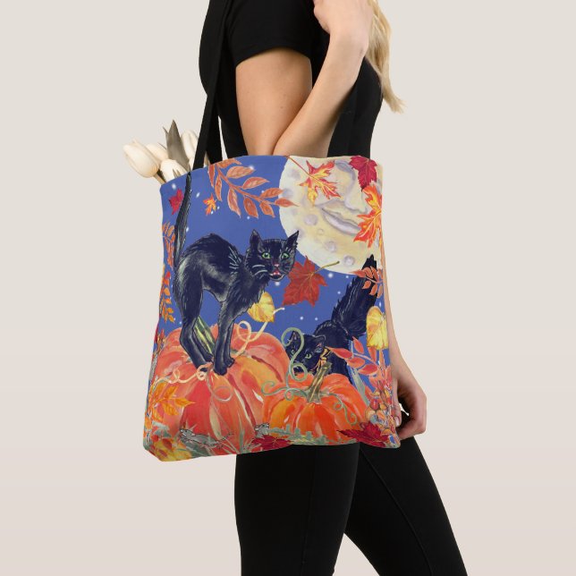 Tote Bag Automne Chat noir Feuille Lune Citrouille Patch Ha (De près)