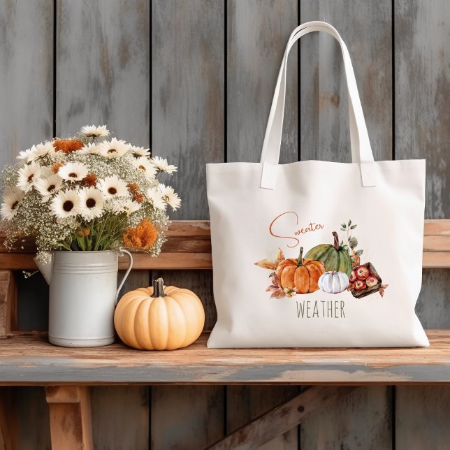 Tote Bag Automne Citrouille Aquarelle Feuilles d'automne et (Créateur téléchargé)