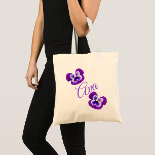 Tote Bag Ava, Nom, Logo Avec Pansies Violettes,