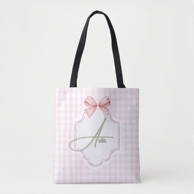 Tote Bag Ava Personnalisé Pink Bow & En vichy Print (Devant)