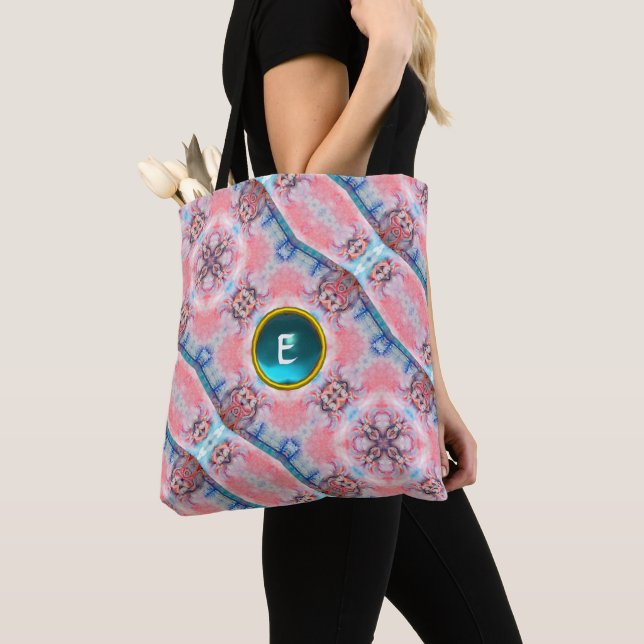 TOTE BAG AVALON, MONOGRAMME DE GEM BLEU AQUA ROSE ABSTRAITE (De près)
