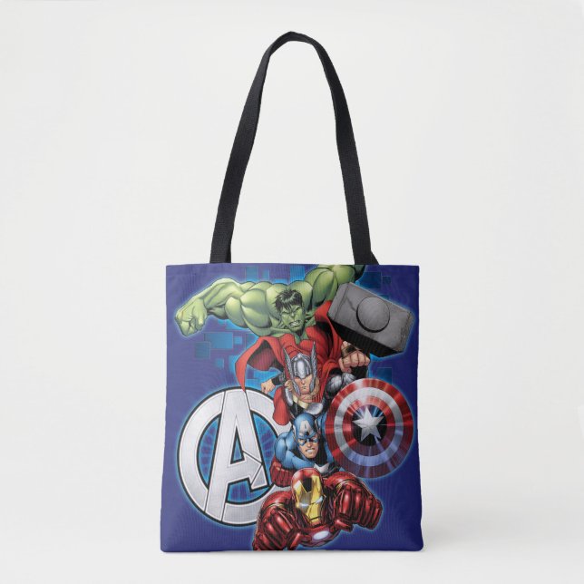 Tote Bag Avengers | Groupe et logo haute technologie empilé (Devant)