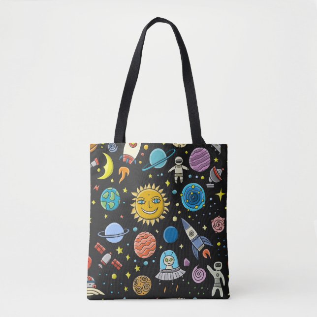 Tote Bag Aventure spatiale : planètes, motif de fusées. (Devant)