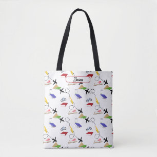 Tote Bag Avion Bicyclette Livres Red Blue Jellow Travel