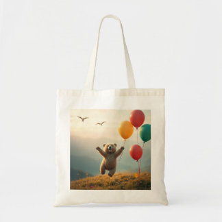 Tote bag baby bear flying with balloons
