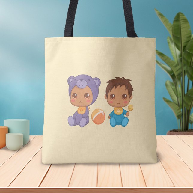 Tote Bag Baby Boy Twins Purple Bear Jumpsuit sur Yellow Fou (Créateur téléchargé)
