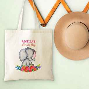 Tote Bag Baby Elephant in Colorful Flowers Bibliothèque pou