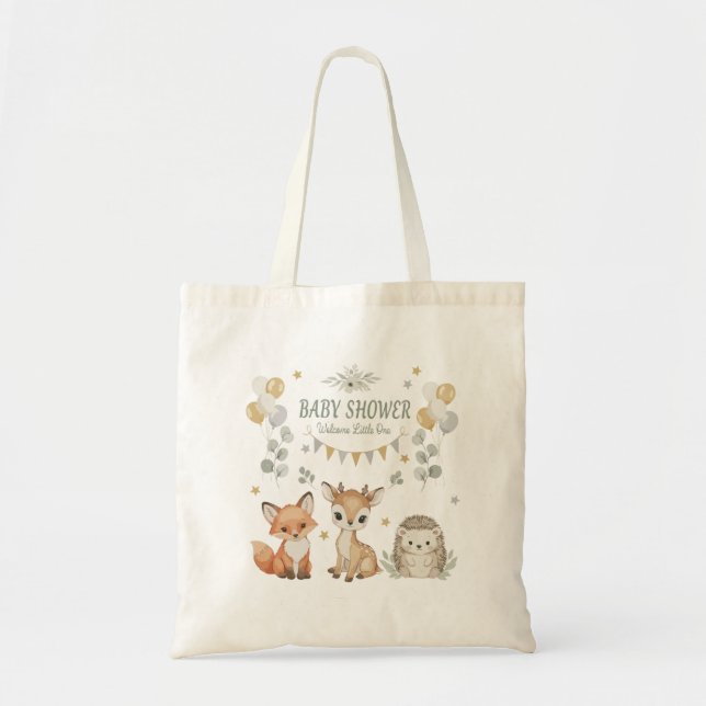 Tote Bag Baby shower d'animaux de bois mignons | Fox, cerf (Devant)