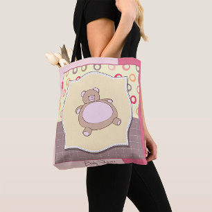 Tote Bag Baby shower ours en peluche avec cercles rétro