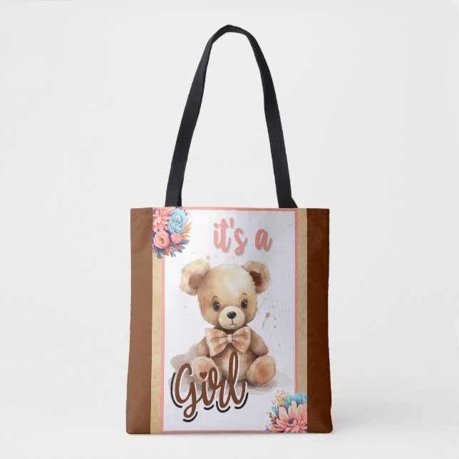 Tote Bag Baby shower Ours rose Boho (Devant)