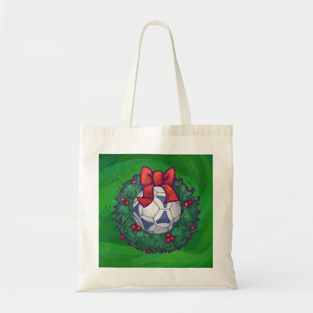 Tote Bag Bal de soccer blanc et bleu sur vert (Devant)