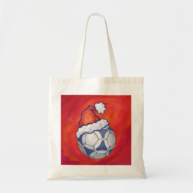 Tote Bag Bal de soccer bleu et blanc sur rouge (Devant)
