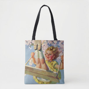 Tote Bag Balançoire Vintage, Fille se balançant dans un jeu