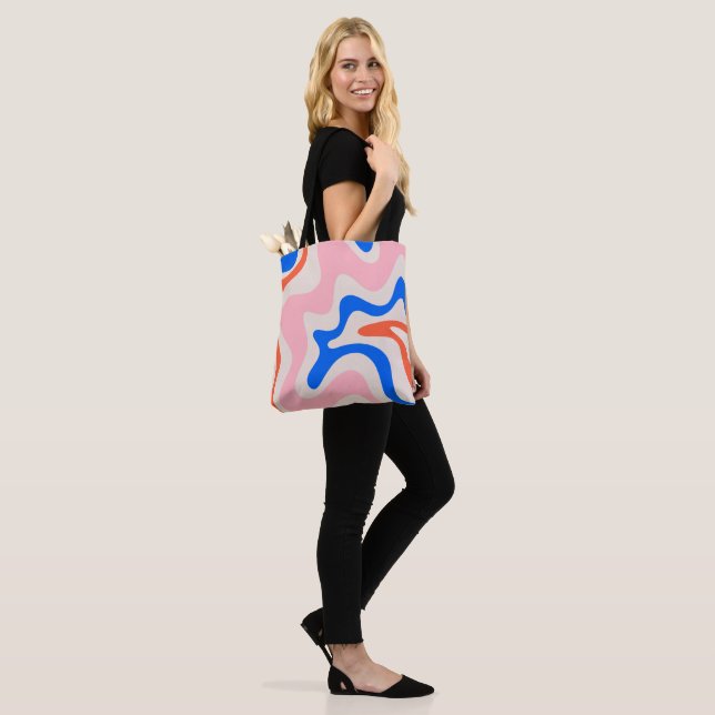 Tote Bag Balayage liquide rétro Abstrait rose orange bleu (Sur le modèle)