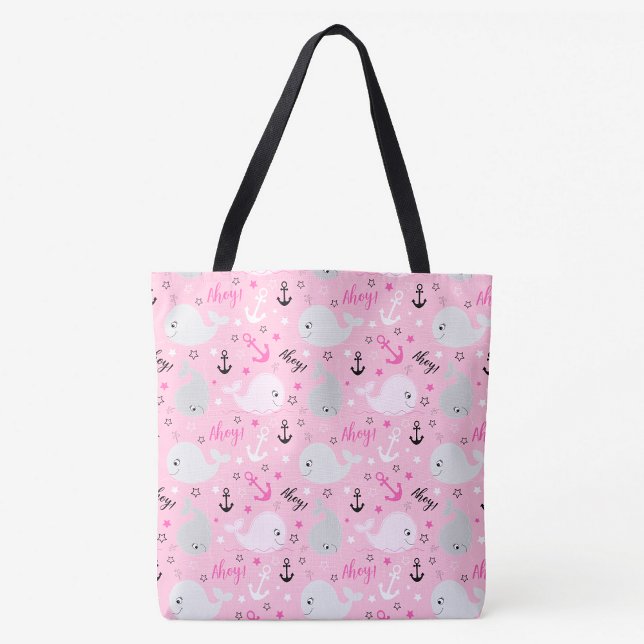Tote Bag Baleines roses Ancres Nautique Girly Ocean Motif (Cute Pink Whales Ahoy Tote Bag)