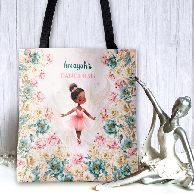 Tote Bag Ballerina Dark Skin Girl Rose Turquoise danse flor (Ballerina Dark Skin Girl Pink Teal Floral Dance Tote Bag)