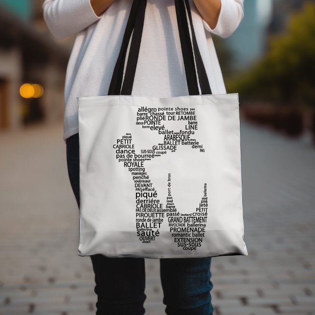 Tote Bag Ballet Pointe Chaussure Typographie noir et blanc (Créateur téléchargé)