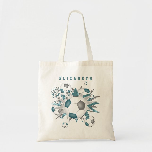 Tote Bag Ballons de football gris turquoise stars filles no (Devant)
