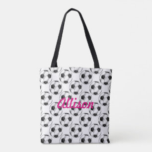 Tote Bag Ballons de soccer noir et blanc avec nom