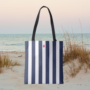 Tote Bag Bande de cabane marine et monogramme rouge personn