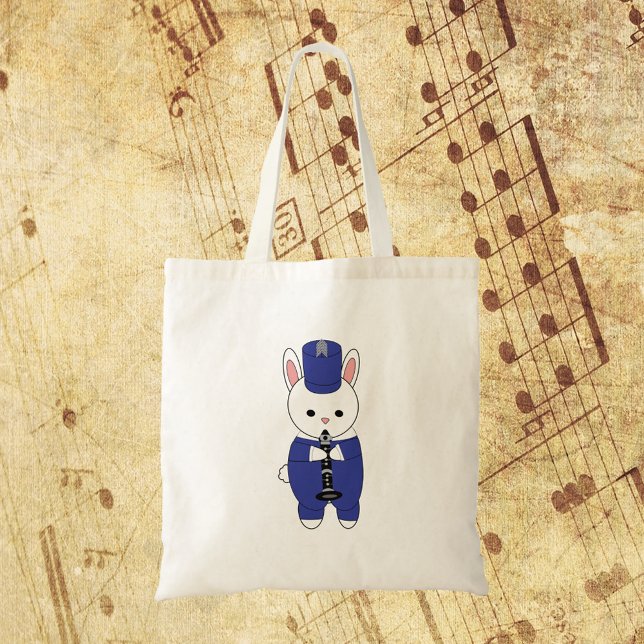 Tote Bag Bande de Marquage Rabbit Clarinet Bleu Blanc (A tote bag with a bunny rabbit playing the clarinet in a blue and white marching band uniform.)