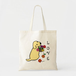 Tote Bag Bande dessinée jaune de panier de fleur de chiot