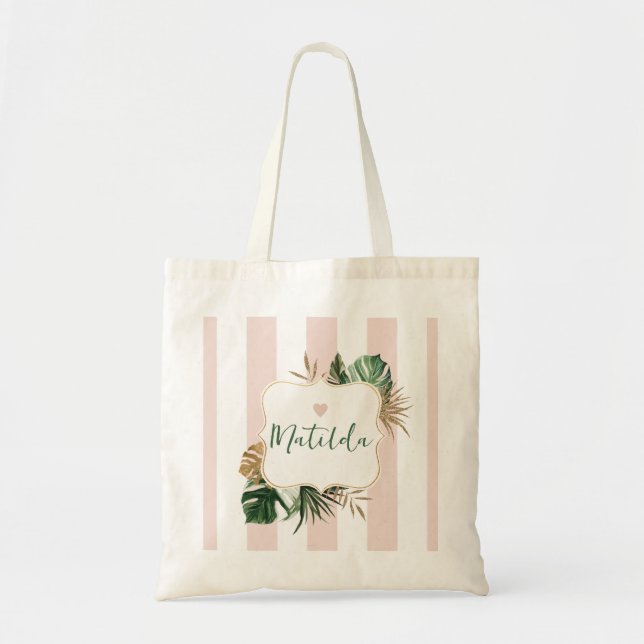 Tote Bag Bande rose élégant tropicale Bridesmaid nom (Devant)