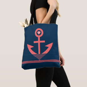 Tote Bag Bandes d'ancre et coeur du bateau nautique corail-