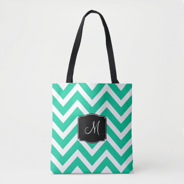 Tote Bag Bandes de Chevron Turquoise et Blanc avec Monogram (Devant)
