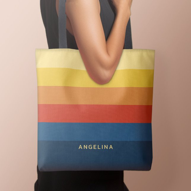 Tote Bag Bandes de coucher de soleil rétroactives avec nom  (Personalized tote bag with retro stripes and text)