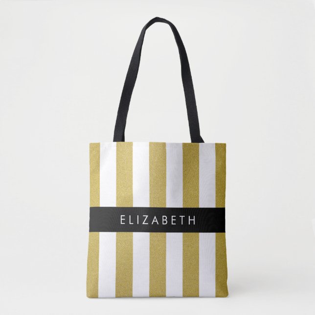 Tote Bag Bandes d'or, Motif rayé, Lignes, Votre Nom (Devant)